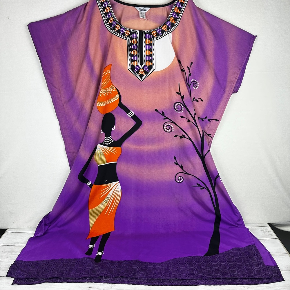 Winlar Kaftan African Woman One Size Fits Most Purple Orange Caftan MuMu